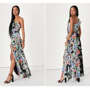 NWT Lulu's Flower for You Black Floral Ruffled One-Shoulder Maxi Dress